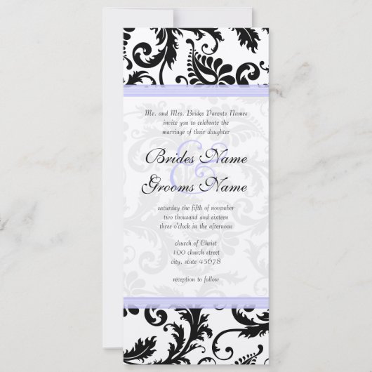 Lila trim Black Damask Swirls Wedding Invitation Kaart (Voorkant)