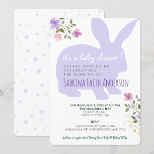 Lila uitnodiging tot Baby shower Floral Bunny