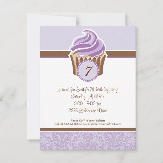 Lila uitnodiging van Cupcake Birthday Party (Voorkant)