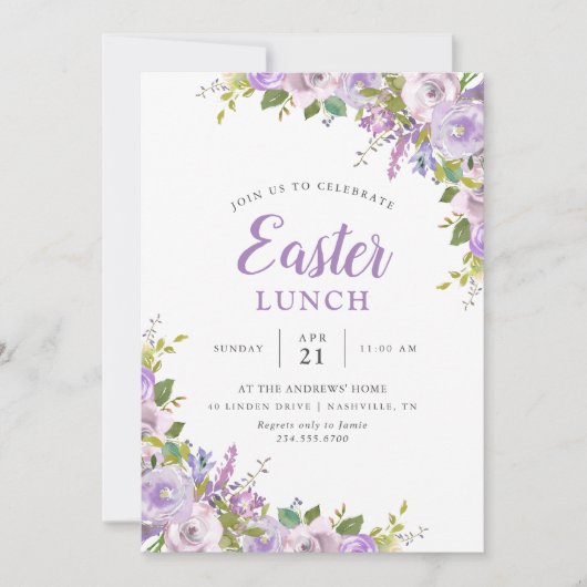Lila uitnodiging van Floral Easter Lunch (Voorkant)