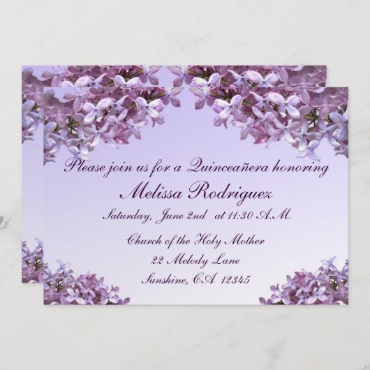 Lila uitnodiging van Quinceanera (Voorkant / Achterkant)