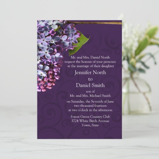 Lila uitnodiging voor bruiloft (Staand voorkant)