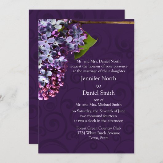 Lila uitnodiging voor bruiloft (Voorkant / Achterkant)