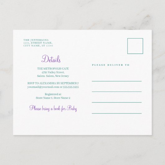 Lila ventilator Botanisch Paars groen Baby shower Uitnodiging Briefkaart (Achterkant)