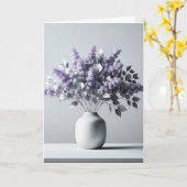 Lila verjaardagsboeket met zilveren bladeren kaart (Gele Bloem)