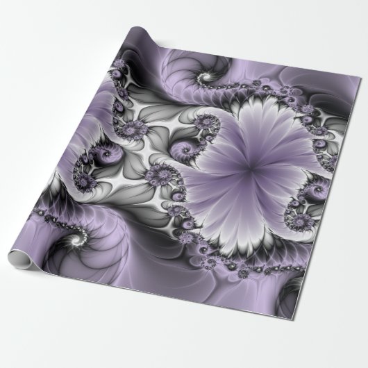 Lila Verlichtingsvlakte Abstract Floral Fractal Ar Cadeaupapier (Uitgerold)