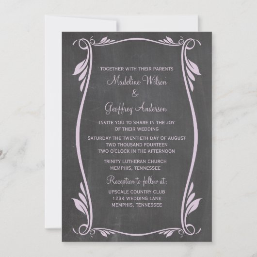 Lila Vlaamse Chalkboard Wedding Invite Kaart (Voorkant)