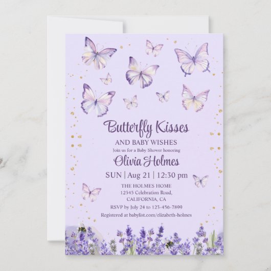 Lila vlinder baby meisje douche uitnodiging (Voorkant)