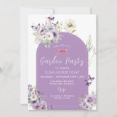 Lila vlinder eerste verjaardag tuinfeest kaart (Voorkant)