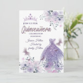 Lila vlinderbloemigen tiara Quinceañera Kaart (Staand voorkant)