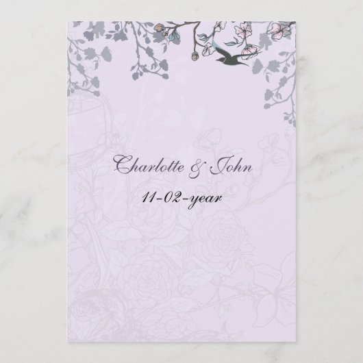 Lila vogeljacht met lavendel vintage menu (Achterkant)