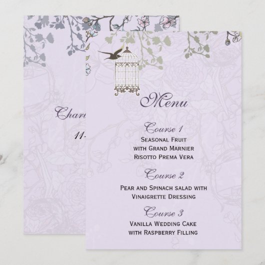 Lila vogeljacht met lavendel vintage menu (Voorkant / Achterkant)