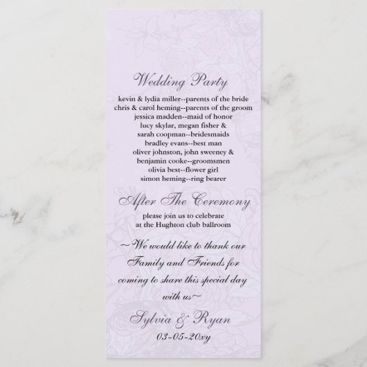 Lila vogeljacht met lavendel vintage programmakaart (Achterkant)