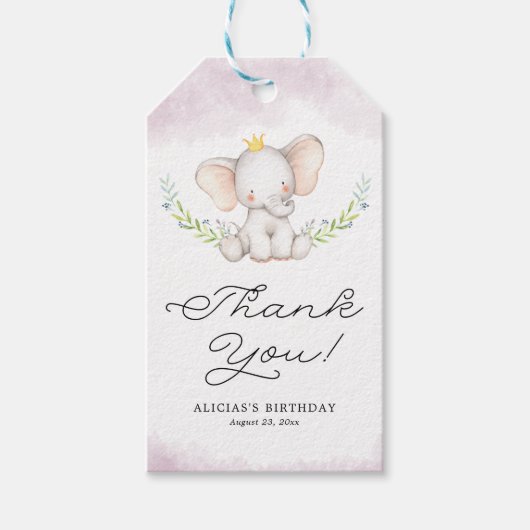 Lila Waterverf Baby Elephant Birthday Hartelijk da Cadeaulabel (Voorkant)
