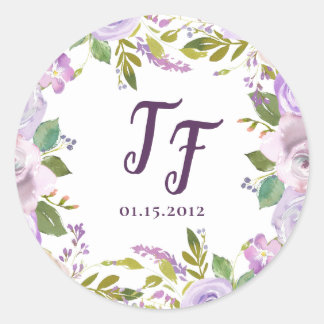 Lila Waterverf Bloemen Trouwstickers Ronde Sticker
