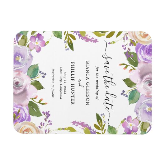 Lila Waterverf Bloemenbruiloft Save the Date Magneet (Horizontaal)