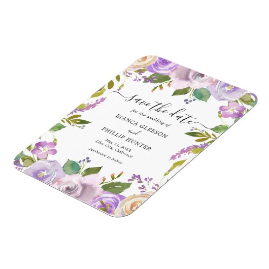 Lila Waterverf Bloemenbruiloft Save the Date Magneet (Linkerzijde)