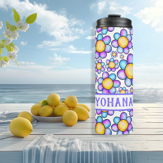 Lila Waterverf Daisy Flower aangepaste naam Zomer Thermosbeker