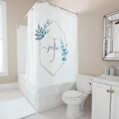 Lila Waterverf Eucalyptus Lijst Monogram Douchegordijn (In situ)