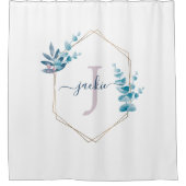 Lila Waterverf Eucalyptus Lijst Monogram Douchegordijn (Voorkant)