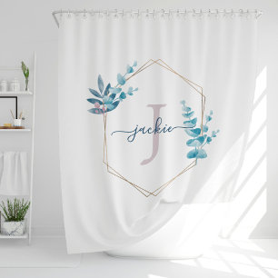 Lila Waterverf Eucalyptus Lijst Monogram Douchegordijn