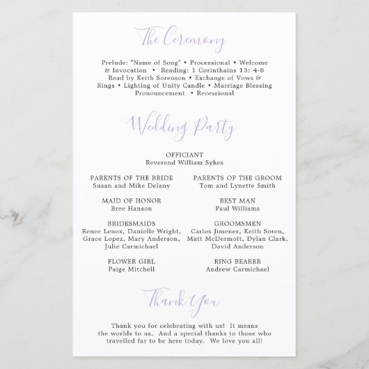 Lila Waterverf Floral Elegant Trouwprogramma (Achterkant)