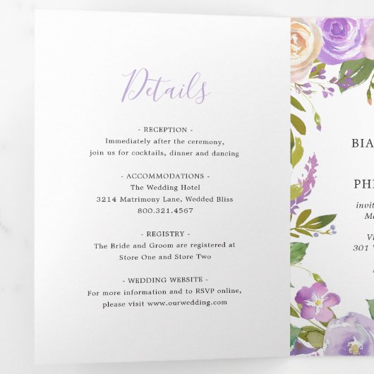 Lila Waterverf Floral Elegant Wedding Drieluik Uitnodiging (Binnenzijde eerst)