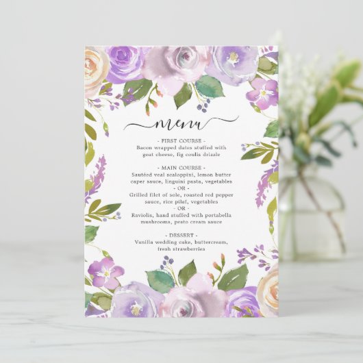 Lila Waterverf Floral Elegant Wedding Menu (Staand voorkant)