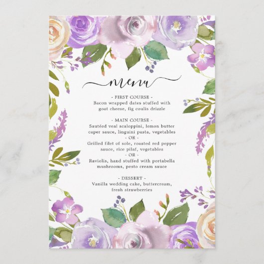 Lila Waterverf Floral Elegant Wedding Menu (Voorkant)