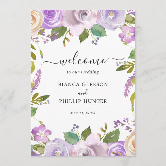 Lila Waterverf Floral Elegant Wedding Programmakaart (Voorkant)