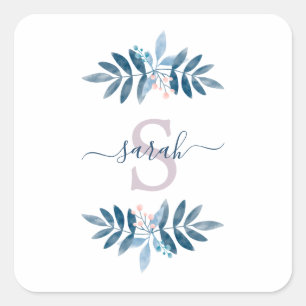 Lila Waterverf Floral Monogram Vierkante Sticker