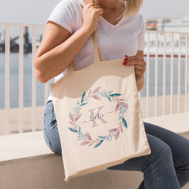 Lila Waterverf Floral Wreath Monogrammed Tote Bag
