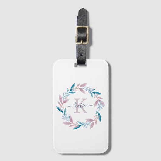 Lila Waterverf Floral Wreator Monogram Bagagelabel (Voorkant (verticaal))