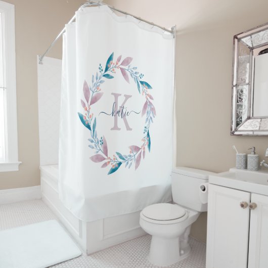 Lila Waterverf Floral Wreator Monogram Douchegordijn (In situ)