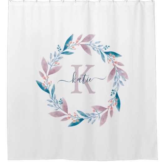 Lila Waterverf Floral Wreator Monogram Douchegordijn (Voorkant)