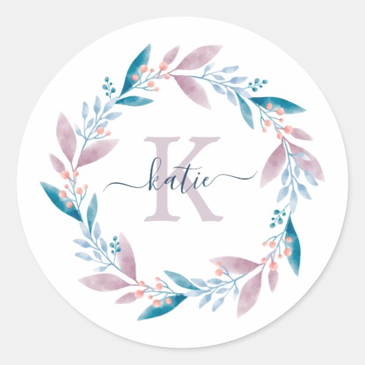 Lila Waterverf Floral Wreator Monogram Ronde Sticker (Voorkant)