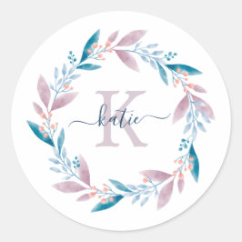 Lila Waterverf Floral Wreator Monogram Ronde Sticker