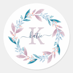 Lila Waterverf Floral Wreator Monogram Ronde Sticker