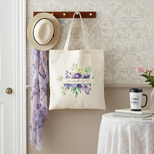 Lila waterverf florale gepersonaliseerde canvas ta tote bag