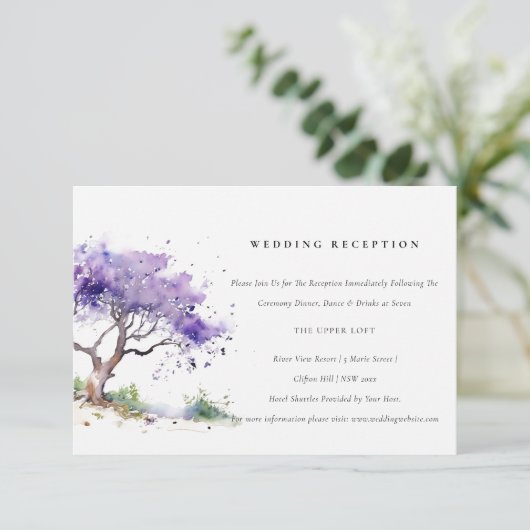 Lila Waterverf Jacaranda Tree bruiloft receptie Informatiekaartje (Staand voorkant)