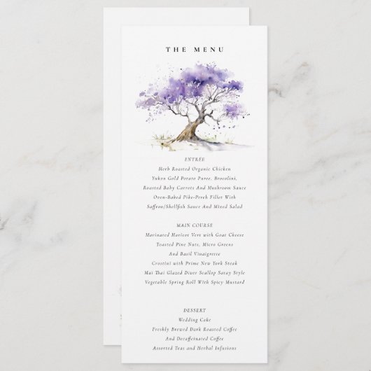 Lila Waterverf Jacaranda Tree Wedding Menu kaart (Voorkant / Achterkant)