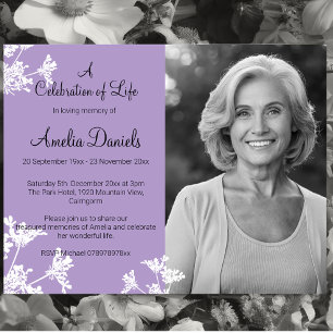 Lila White Flower Photo Celebration of Life Card Kaart