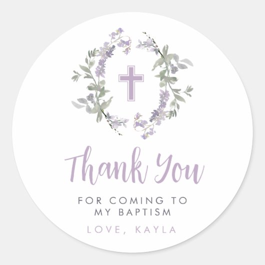 Lila Wild Flower Wreath & Cross Baptisme Hartelijk Ronde Sticker (Voorkant)