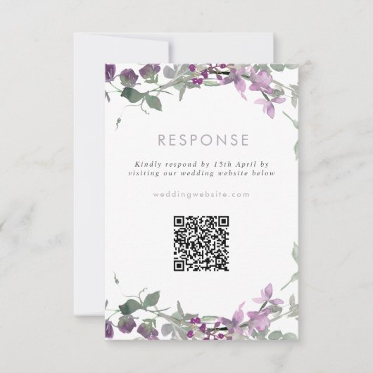 Lila Wildbloemen Weduwwebsite QR-code RSVP Kaartje (Voorkant)