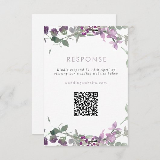 Lila Wildbloemen Weduwwebsite QR-code RSVP Kaartje (Voorkant / Achterkant)
