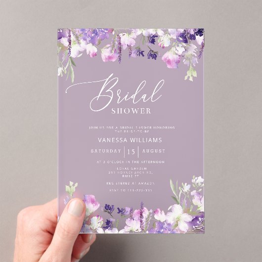 Lila wilde bloem paarse Vrijgezellenfeest Acryl Uitnodigingen (Insitu (Draagbaar))