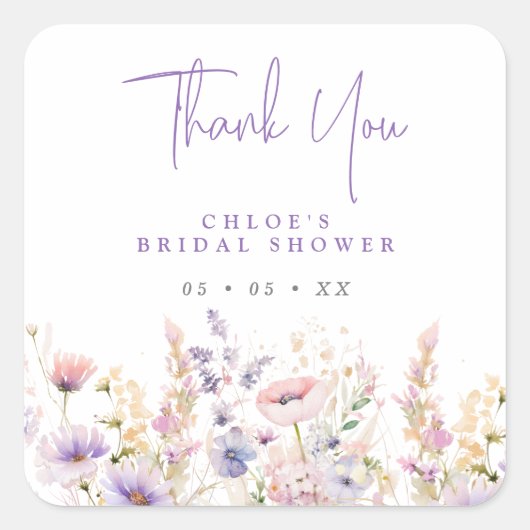 Lila wilde bloemen dank u Vrijgezellenfeest gunst Vierkante Sticker (Voorkant)