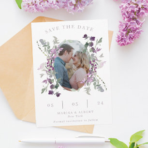 Lila wilde bloemen Ovaal Lijst Weduwfoto Save The Date