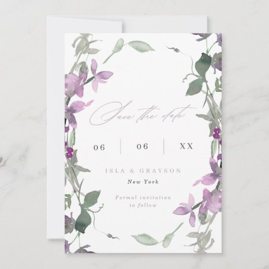Lila wilde bloemen Weduwfoto opslaan Datum Save The Date (Voorkant)