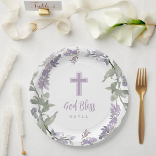 Lila Wilde Vloer Wreath & Cross-Baptisme God Bless Papieren Bordje